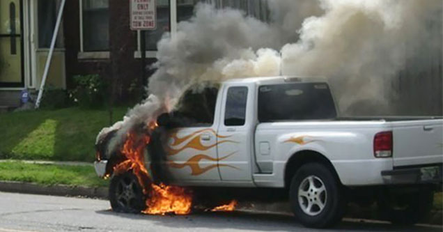 car painted with flames caught on fire