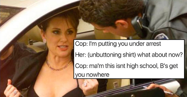 police officer looking insider car at a woman with a visible cleavage