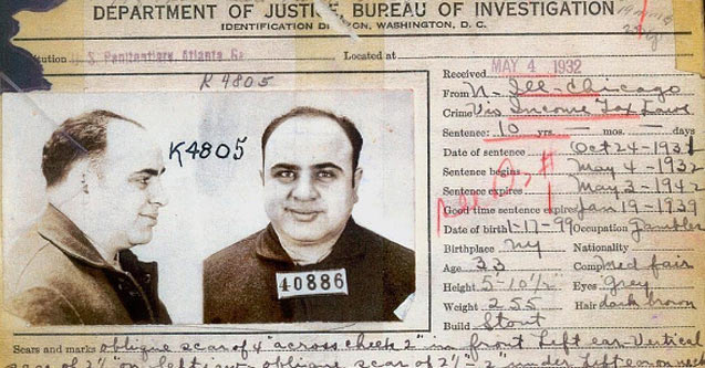 historical photos | al capone world war one - Department Of Justi, Bureau Of Investigation 2 Identification Dison, Washington, D. C. tion. From 1.3 mos. Atlanta 62 Located at Received Y 4. 1932 R 4805 Serda Crime is Income Tax Laws Sentence 1 ...days K480