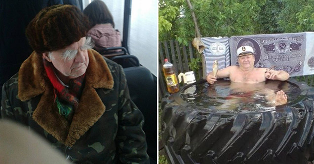 man with crazy eyebrows and man sitting in a makeshift hot tub in a tire