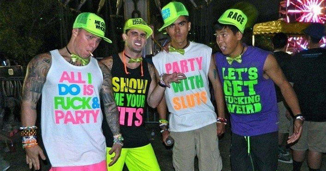 group of guys in neon hats and shirts