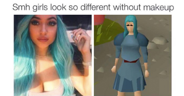 Tumblr post of a girl with green hair and a video game character with the text - smh girls looks so different without makeup