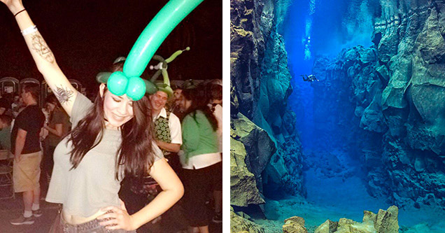 woman with balloon crown in the shape of male genitalia and underwater rift