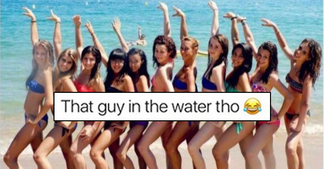 Funny meme of hot girls at the beach and man in the water behind them also waving