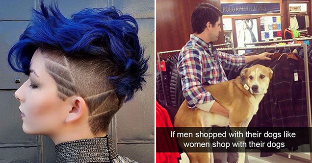 horrible haircut and snapchat of if men shopped with their dogs like women