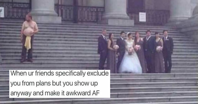 wedding party at a church and shirtless man next to it