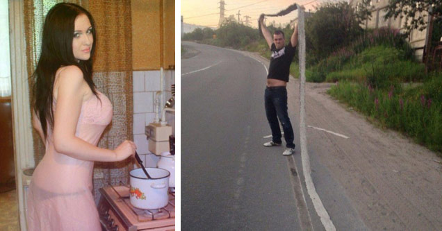 man raising part of a road in the air and woman cooking in pink dress