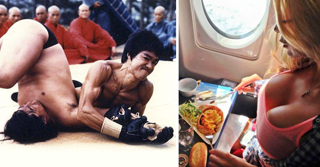 Bruce Lee pinning down an opponent, and hot girl eating food on a plane - sheer awesomeness images