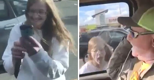 woman holding a knife and screaming at two men in a car