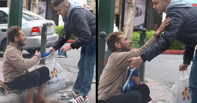 man gives a homeless guy some new shoes and brings him to tears