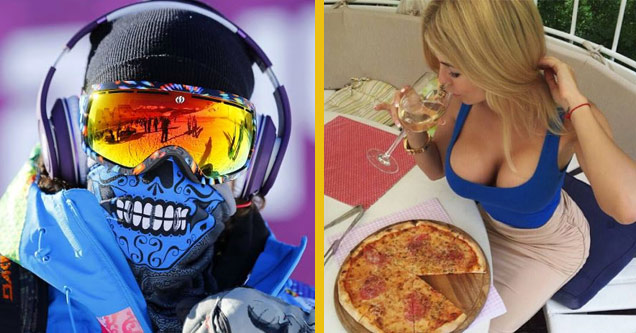 Man wearing polarized goggles and skeleton ski mask and busty woman eating pizza