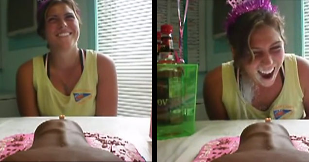 girl blowing out penis cake with white frosting shooting out