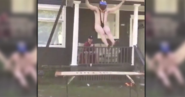 man sitting on porch and half naked man jumps off roof