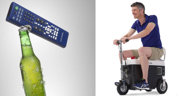 Awesome inventions list - remote controller beer opener and man riding electric cooler scooter