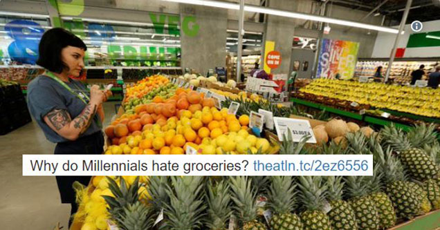 Why do millennials hate groceries - shopping millennial girl in fruit section of supermarket - natural thumb