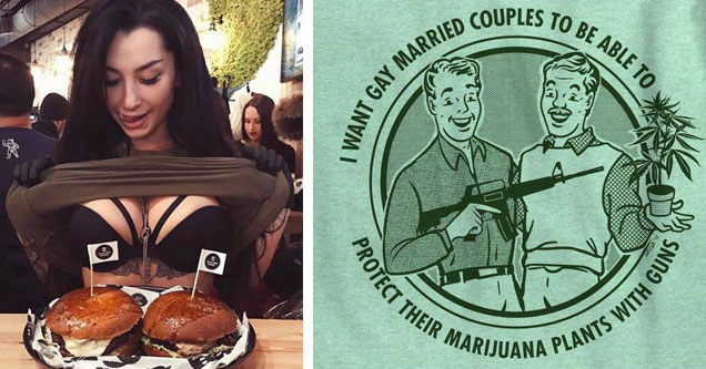 woman flashing hamburgers and tshirt about gays weed and guns