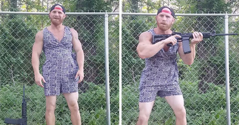 Man wearing a romper and sporting assault rifle - natural thumb