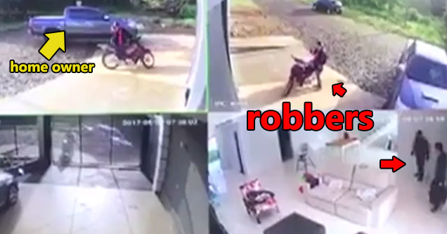 security camera footage of home owner catching robbers