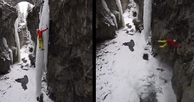 ice climber on giant icicle accidentally breaks it and falls