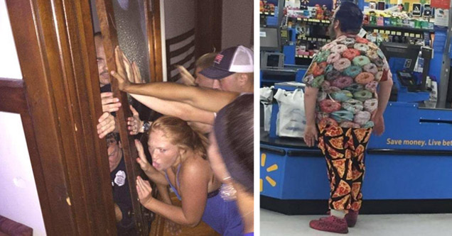 party goers holding door shut keeping out police man in donut shirt and pizza pants