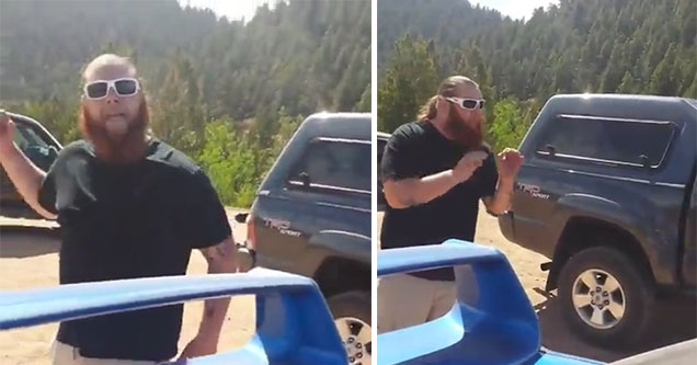 angry dude with a beard yelling at a car | dude with a beard and sunglasses standing outside of his car and yelling