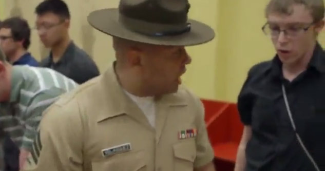 drill sergeant makes funny face at scared kid