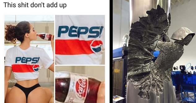 sexy butt with pepsi shirt drinking coke and cool sculpture