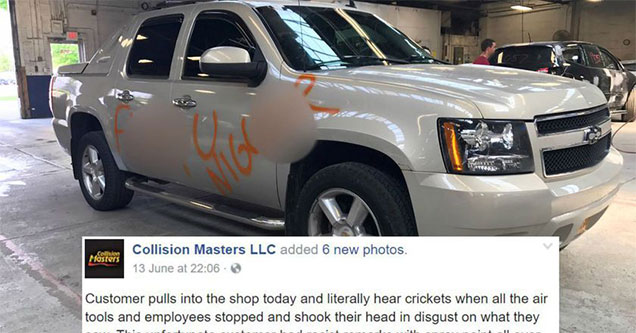 truck defaced with racial slurs shows up in the shop