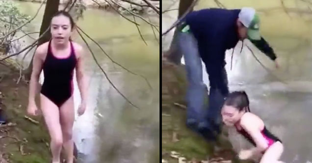 Daughter jumps into freezing stream and father gets soaked saving her