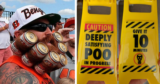 Man with beard of beers and yellow janitor signs with funny messaging