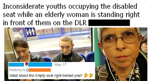 woman shaming youths for not giving up her seat called out for neglecting the empty seat right next to them