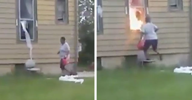 woman walking up to building with gas can in her hand, then fire coming out of home