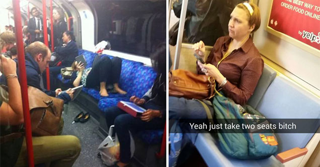 woman hogging seats on public trains and buses