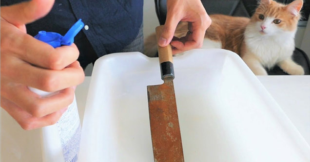 man cleans and sharpens a super rusty knife