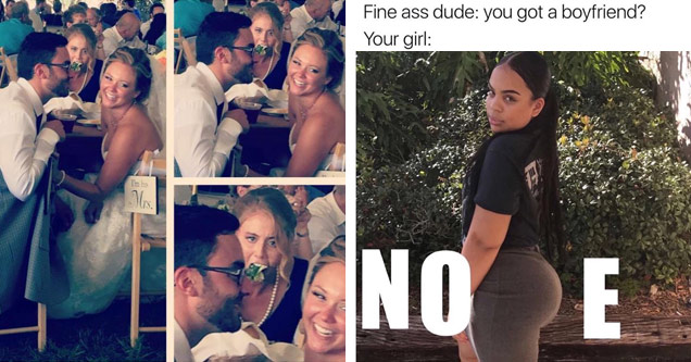 Girl stuffing her face as newly weds cozy up at their wedding table and meme of word NOPE with P written with girls butt in tight outfit.