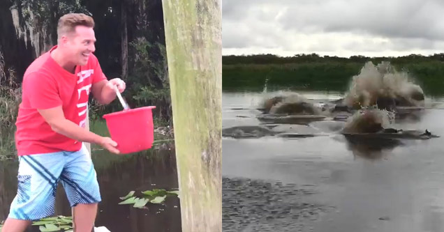 man with red bucket throwing gator chum in water