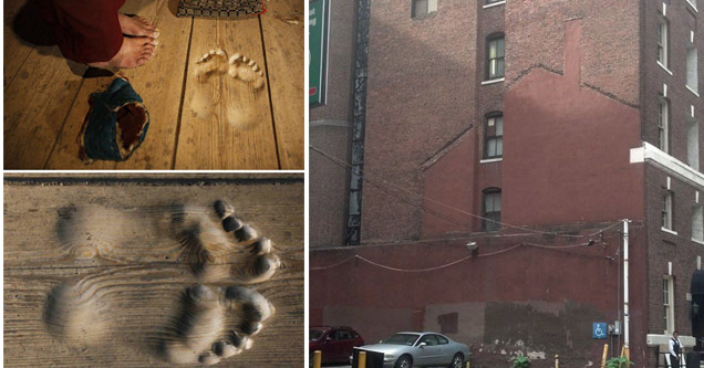 footprints in wood, a building with a houses outline