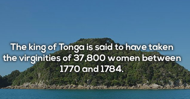 island in the ocean with text about king of tonga having sex with 37 thousand virgins