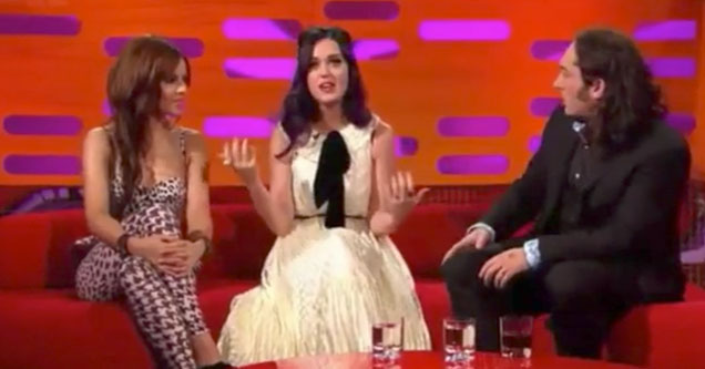 katy perry and two british comedians on a couch at the graham norton show