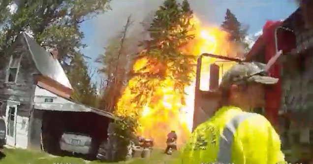 propane explosion in maine that knocks firefighters on their backs