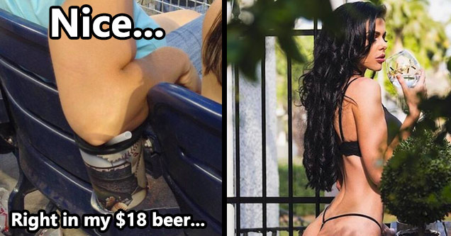 womans arm in a cup of beer and a sexy girl in black thong