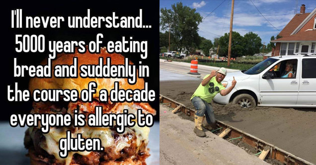 hamburger wtih text about gluten and construction worker flipping off woman who drove through cement