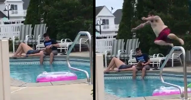 kid with girlfriend at pool and uncle jumping in