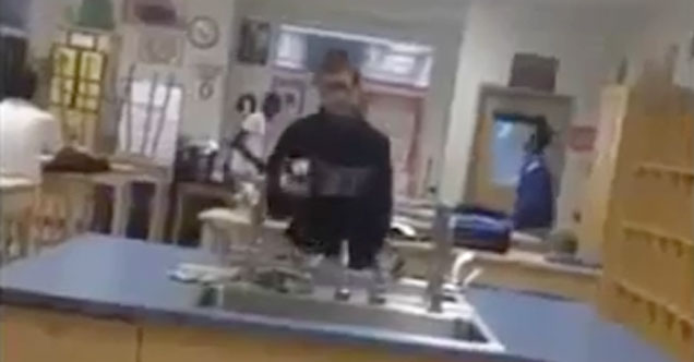 high school chemistry lab in which kid threw spit ball and then got knocked out