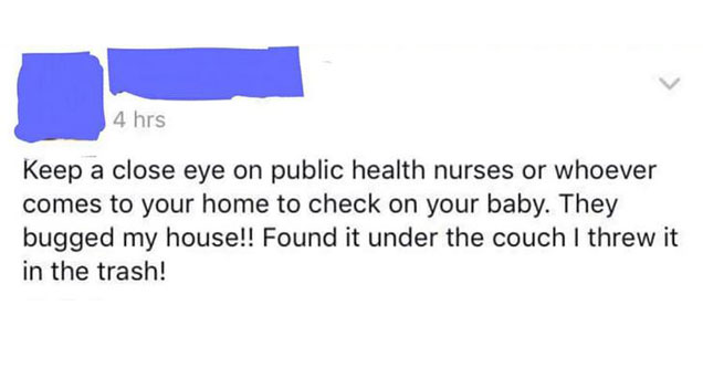 Facebook status update where woman claims a nurse bugged her house