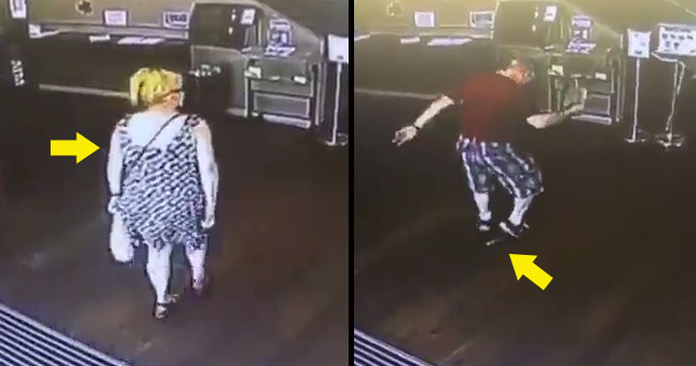 woman in dress walks into store and poops and man steps in it