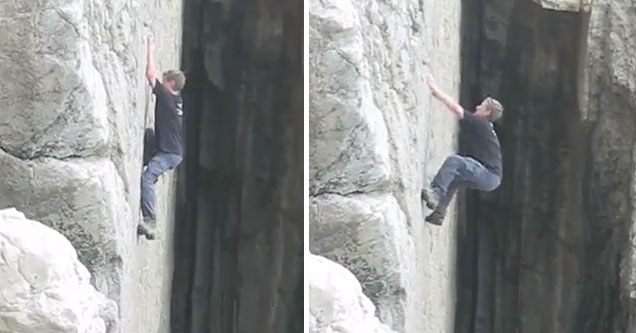 free-climber loses his grip on the face of a rock wall