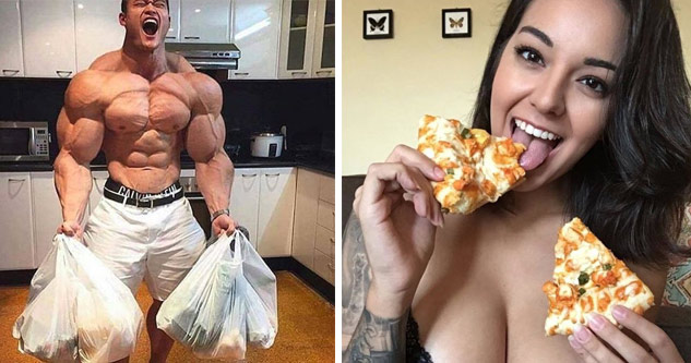 muscular guy with groceries and hot girl eating pizza