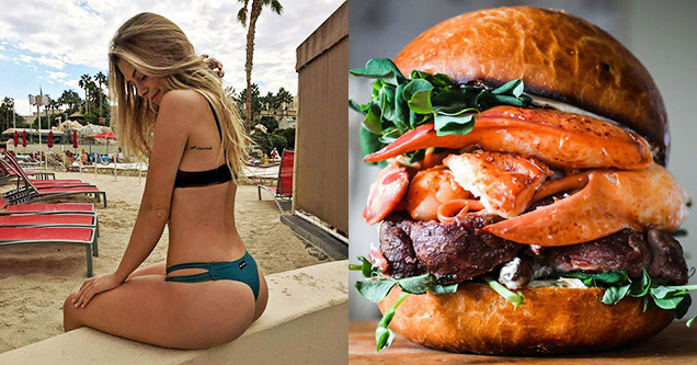 awesome pics for the win - hot girl by the ocean and burger with lobster claws