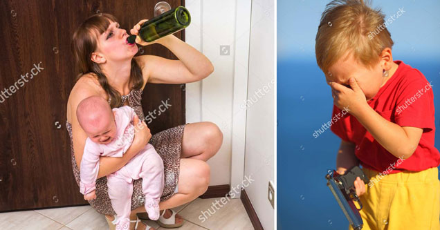 stock photos of a mom holding a baby and drinking wine, and a boy holding a gun and crying